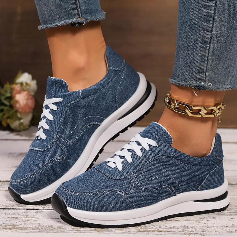 Fashion Blue Denim Platform Sneakers Women Fashion Thick Sole Lace Up Sports Shoes Woman Plus Size 43 Comfortable Casual Female Sneakers