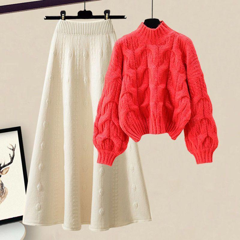 2025 Women's Knitted Sweater & Midi Skirt Two-Piece Set - Slimming and Loose Fit for Autumn and Winter