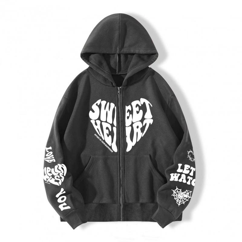 Fleece Y2K Letter Heart Print Oversized Zip Hoodie With Pocket Men Women