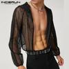 INCERUN Summer Men Mesh Crop Hooded Sheer Crop Tops See Through