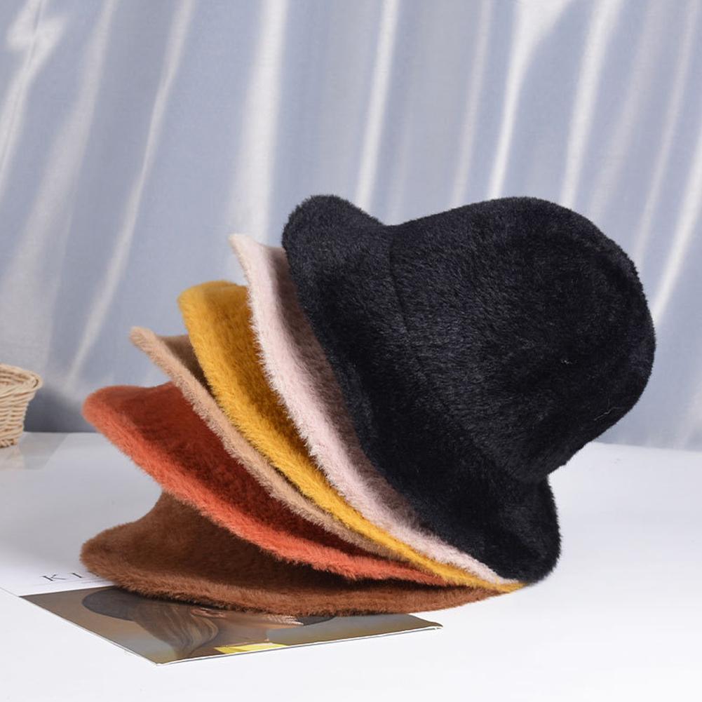 Woman Pure Color Fashion Plush Hat Winter Autumn Warm Hat All-match Bucket Hat