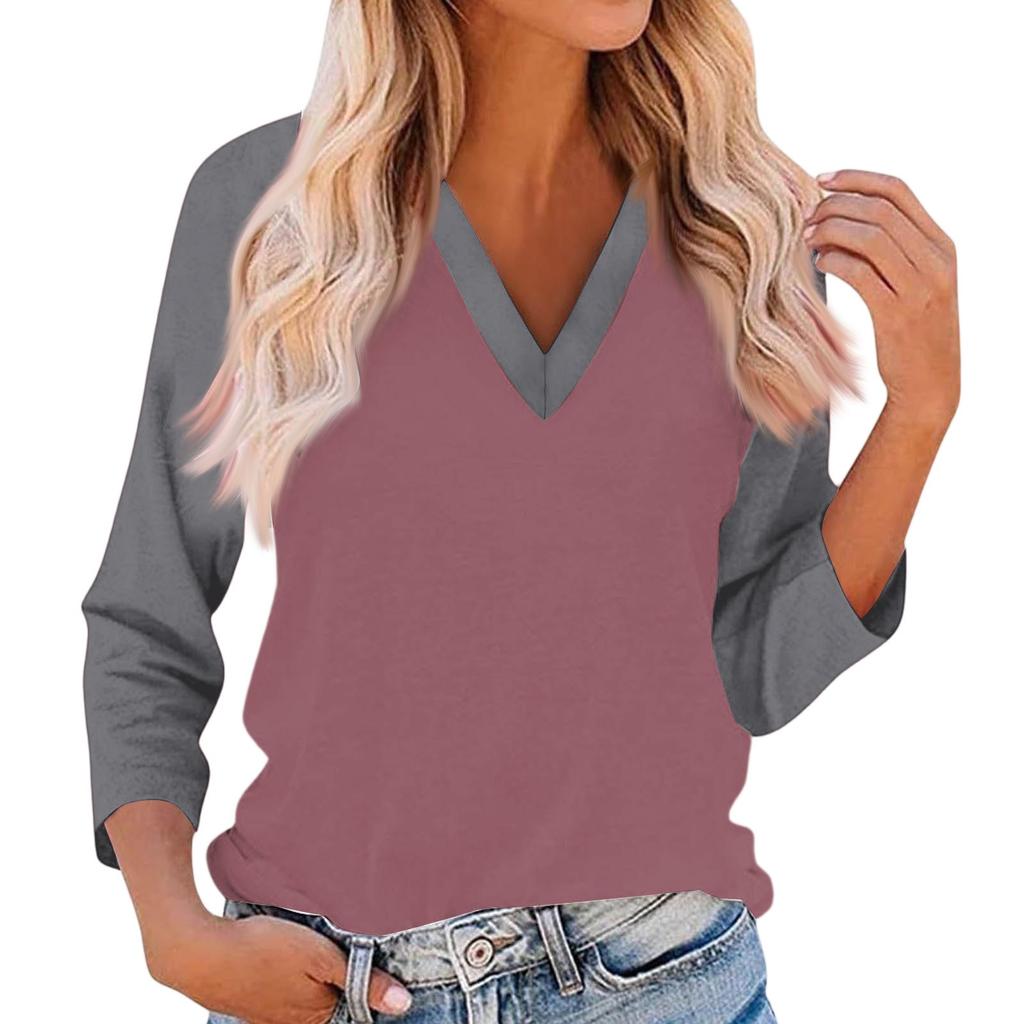 Women's Casual And Fashionable Patchwork V-Neck Top With Seven Quarter Sleeves Top