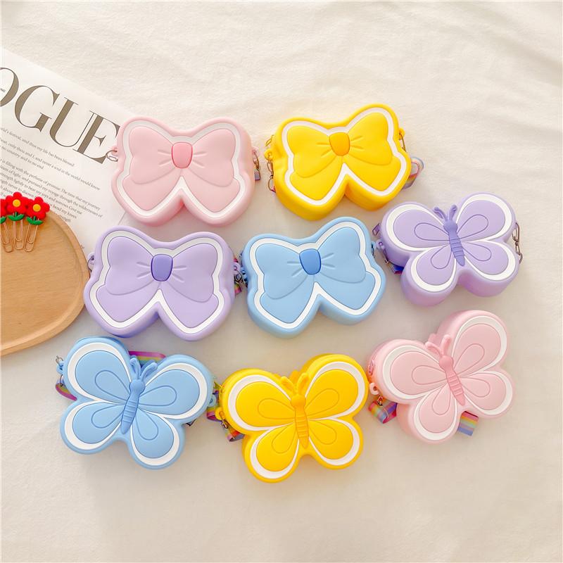 Cute Silica Gel Bow Children's Mini Shoulder Bags Candy Color Baby Girls Coin Purse Handbags Rainbow Strap Kids Crossbody Bag