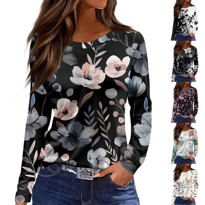Women's Fashion Casual Slit Hem Round Neck Long Sleeve Loose Printed T-Shirt Ladies Top