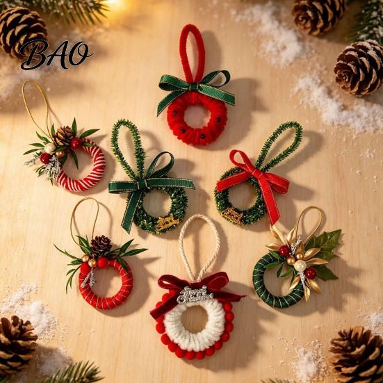 Handmade Wreath Ornaments Mini Christmas Ornament, Miniature Artificial with Bow, Decor Pinecone, Xmas Tree Hanging for Holiday Party Favors
