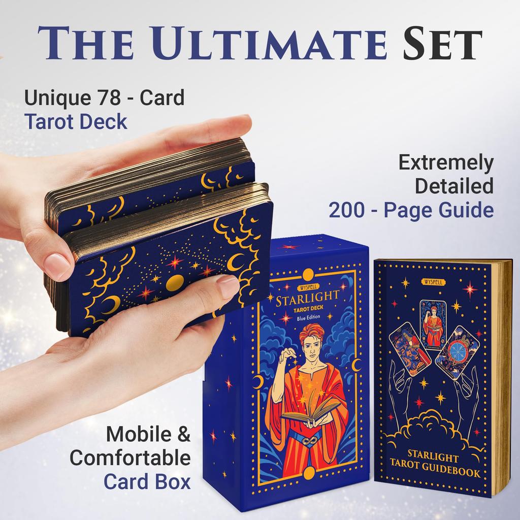 Wyspell Starlight Tarot Deck with Guidebook - Unique Tarot Card Deck for Beginners - Modern Fortune Cards (Blue)