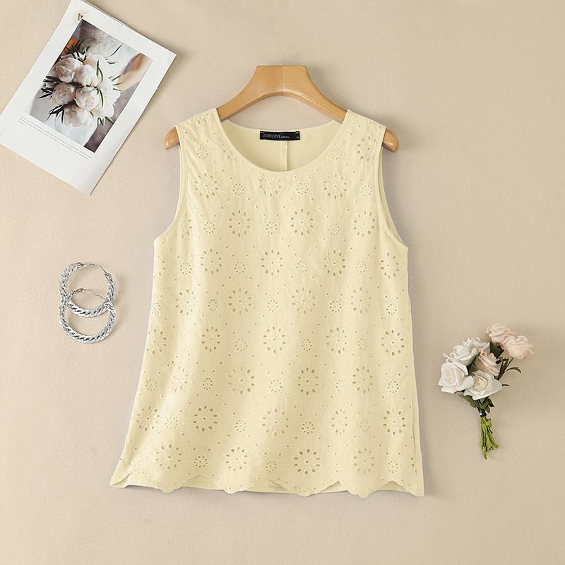 ZANZEA Women Casual Round Neck Sleeveless Lace Crochet Patchwork Loose Vest Tops M