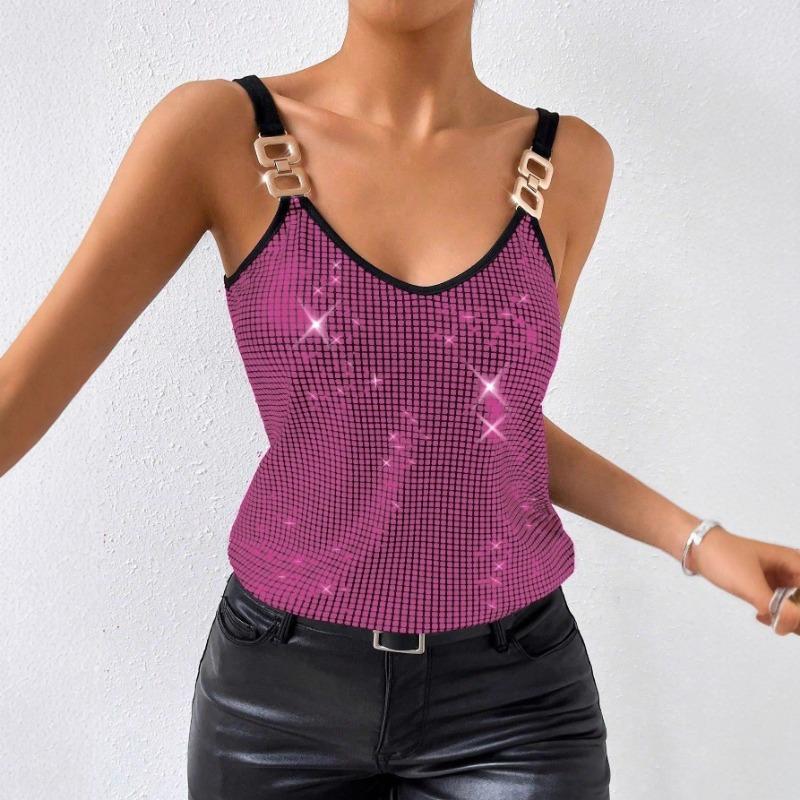 Top Cami da Donna Scollo a V in Rete con Paillettes e Cinturino con Fibbia Metallica per Festa Nightclub Blusa Senza Maniche Monocolore