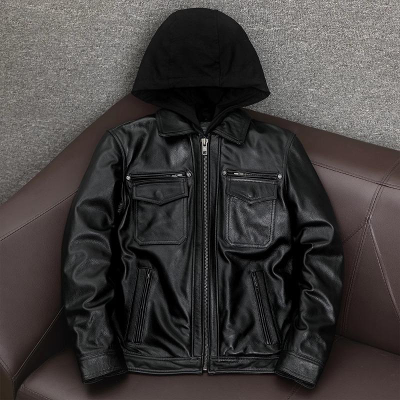 

Куртка из натуральной коровьей кожи для мужчин, съемный капюшон, куртка байкера, приталенный крой, зимняя теплая 5XL чёрный