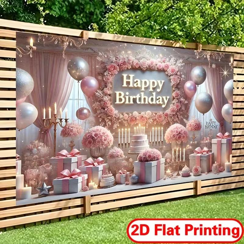 Toile de fond photo Joyeux Anniversaire 2D, Bannière de Fête Thème Rideau Rose et Ballons