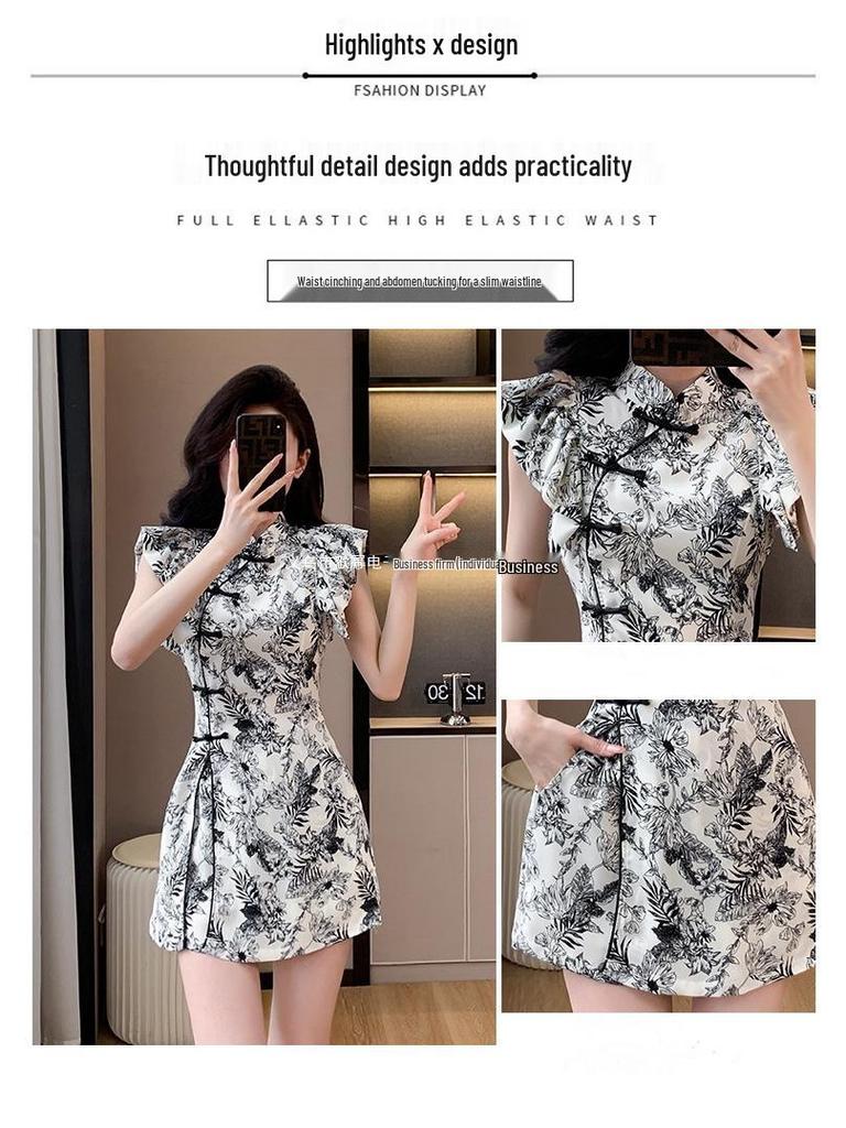 Conjunto de dos piezas de verano para mujer con diseño europeo, top con botones de rana y abertura, y pantalones cortos