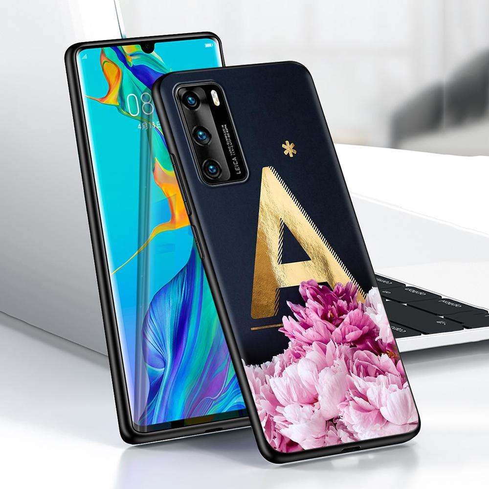 Golden Letter Flower Case for Huawei P30 P Smart Z P40 Lite E P20 Y6 Y7 Y9 2019 Honor 8X Play 9A 50 20 9X Pro Black Soft Cover