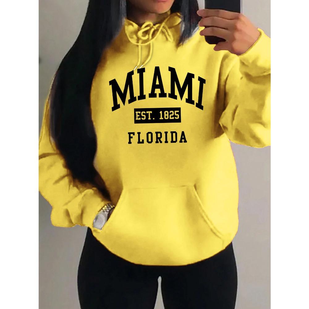 Miami Est 1825 City Art Letter Prints Women Hoodie Pocket Streetwear Harajuku Loose Hoody Fleece Female Clothing