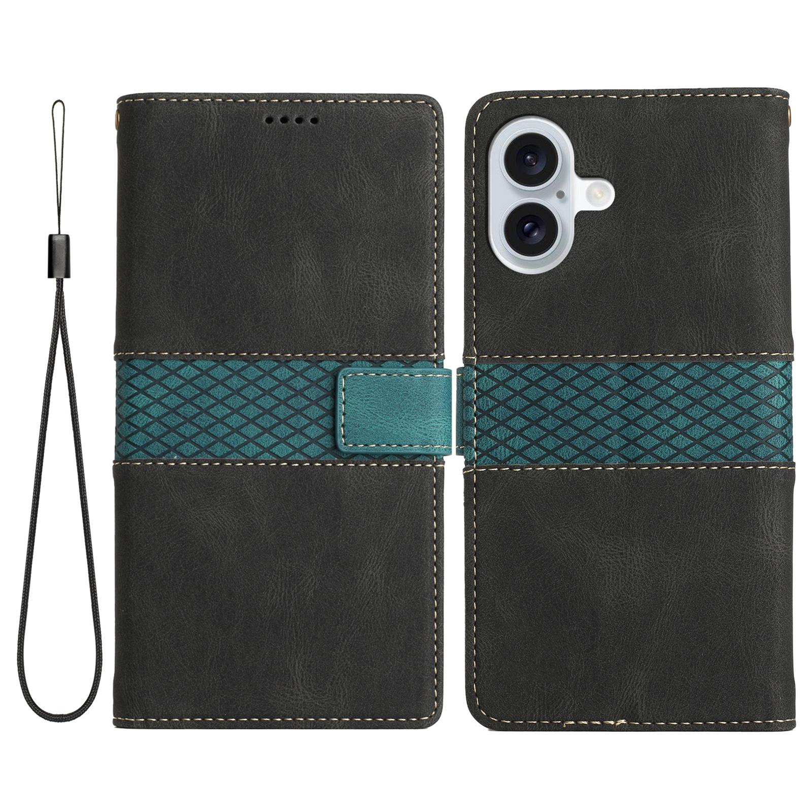 

For iPhone 16 Plus Case Wallet Stand Grid Splicing Phone Leather Cover Black