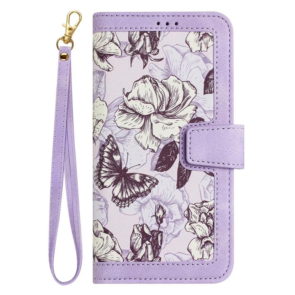 Leder Klapphülle für iPhone 16E 16 15 14 Plus 13 12 11 Pro Max XR X 10 XS 8 7 6 6S SE3 SE Blumen Trageband Kartensteckplatz Abdeckung