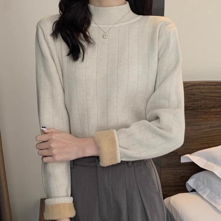 Half High Neck Sweater Women's Loose One-piece Velvet Pullover Long Sleeved Casual Warm Knit Sweater with Thick Solid Color Sweater Autumn and Winter