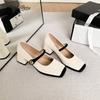 Fashion French Square Toe Mary Jane Single Shoes PU Women 4.5CM Mid Heel Pumps Buckle Strap Elegant Ladies Office Dress Shoes Size35 40