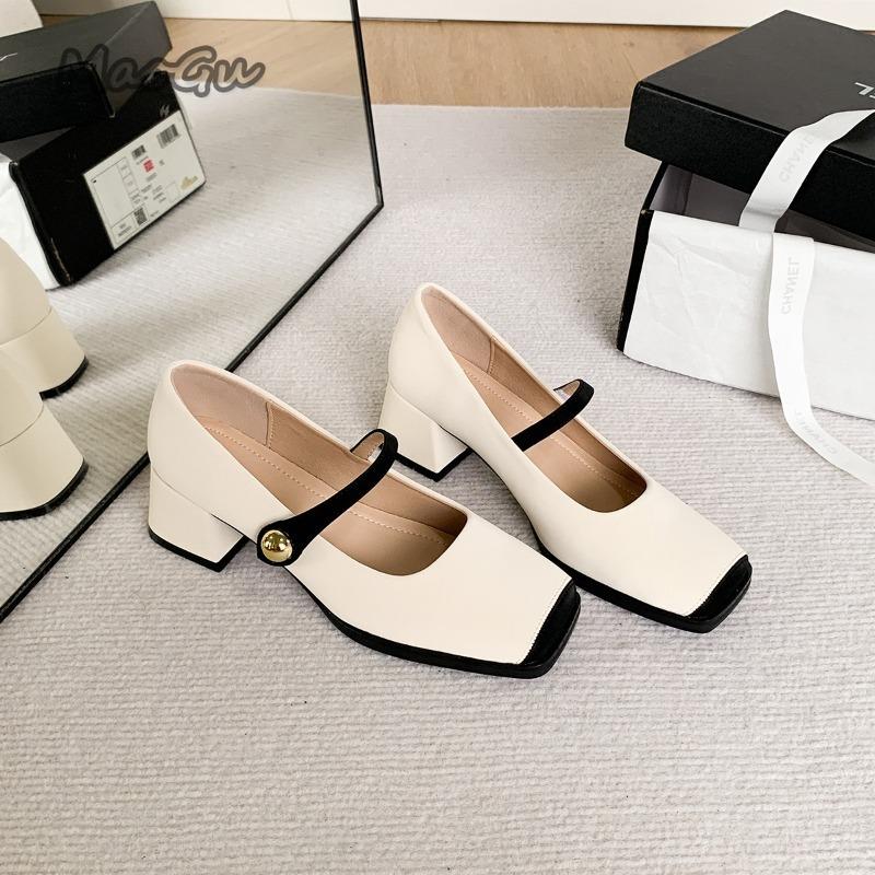 Fashion French Square Toe Mary Jane Single Shoes PU Women 4.5CM Mid Heel Pumps Buckle Strap Elegant Ladies Office Dress Shoes Size35 40