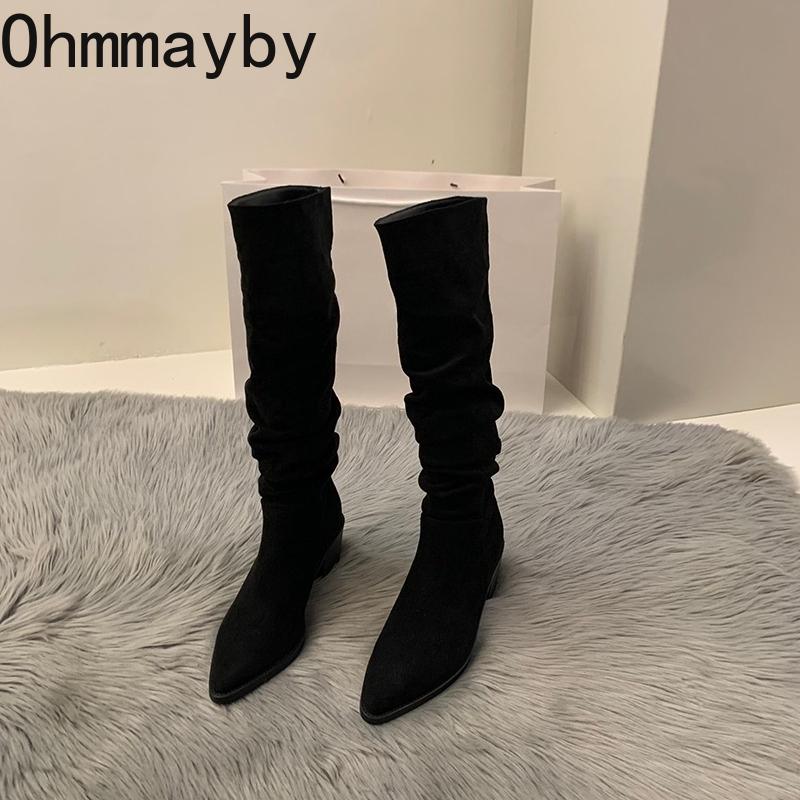 Vintage Pleated Woman Knee High Boot Elegant Low Heel Autumn Winter Shoes Ladies Pointed Toe Knight Long Booties