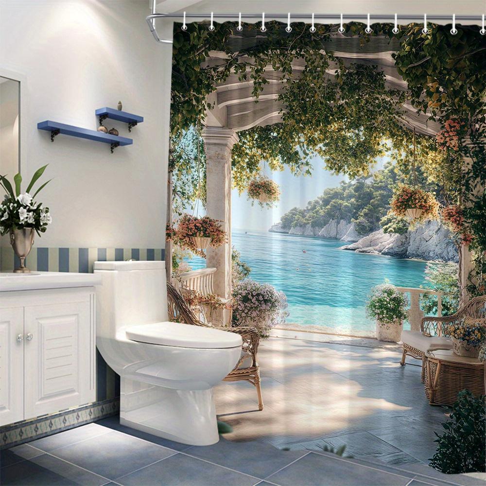 

1 шт. Занавеска для душа - Средиземноморский морской вид со спокойным океаном, пышной зеленью и уютной садовой мебелью, Идеально W180XH200cm