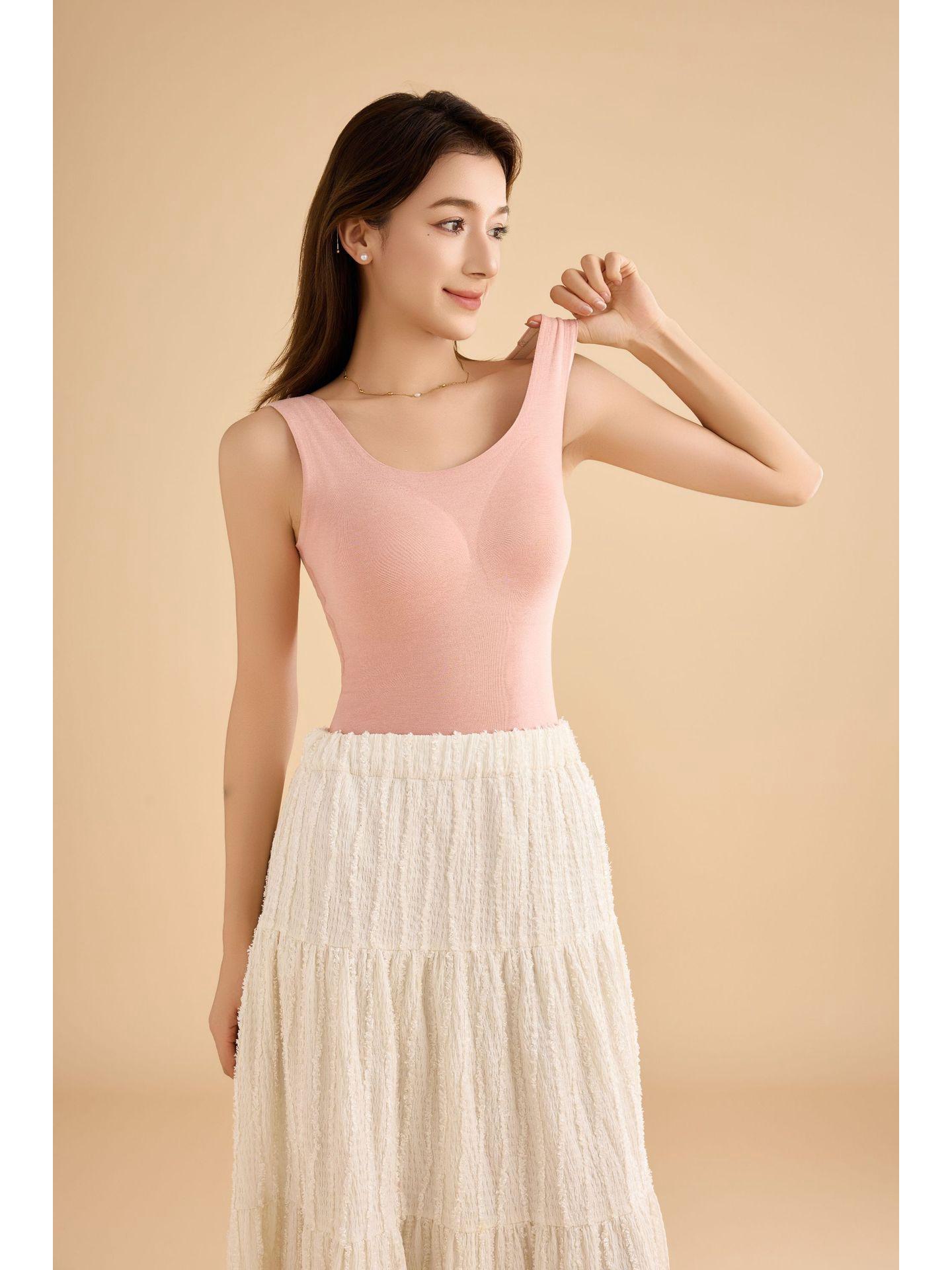 

[Pincai] Женское облегающее нижнее белье с U-образным вырезом из двухстороннего матового шелка: Бесшовный теплый жилет на подтяжках для осени/зимы L (100/120 catties) розовый