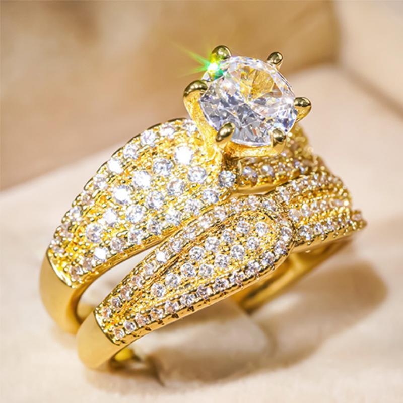 Huitan Luxury /Set Rings for Women Gold Color Brilliant Cubic Zirconia Finger Accessories Delicate Engagement Wedding Jewelry
