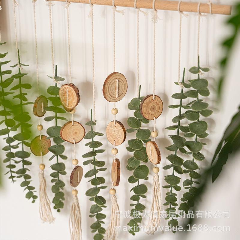 Bohemian Wall Hanging Decor with Natural Wood Slices and Green Eucalyptus Leaves
