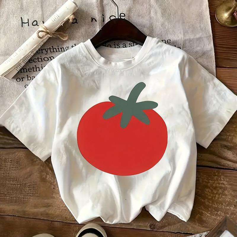 Kids Summer Crew Neck Short Sleeve T-Shirt with Tomato Print 110 белый