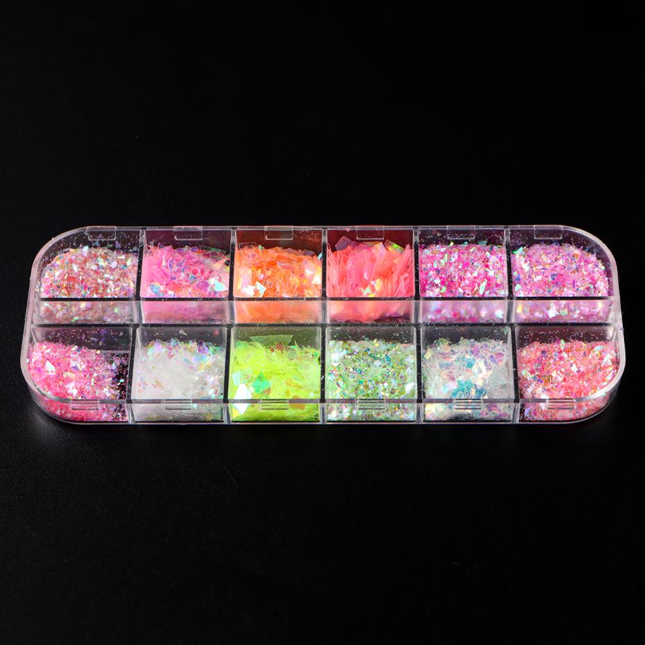 12 Grids Aurora Chameleon Nail Glitter Flakes Irregular Crystal Glass Sequins Powder Shiny Mermaid Paillette Nail Art Decoration