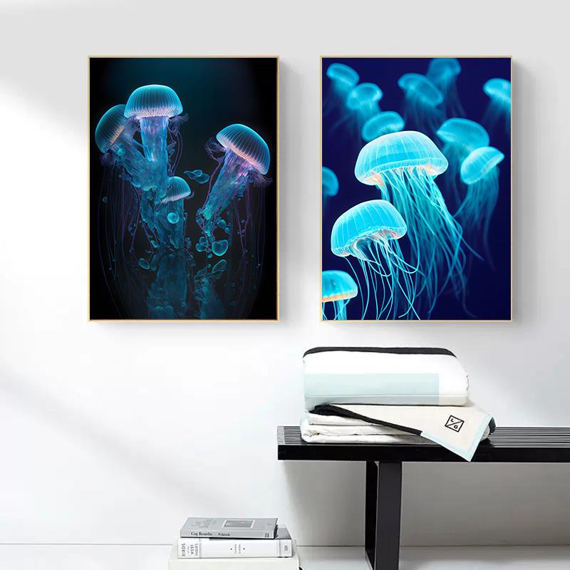 Moderne fluorescerende kwallen posters mariene dieren canvas schilderij kunst aan de muur foto afdrukken voor woonkamer huisdecoratie