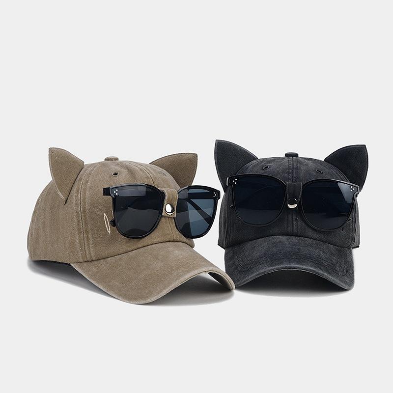 Cute cat ears pilot glasses baseball cap women street trend washed old cap outdoor sun protection cap