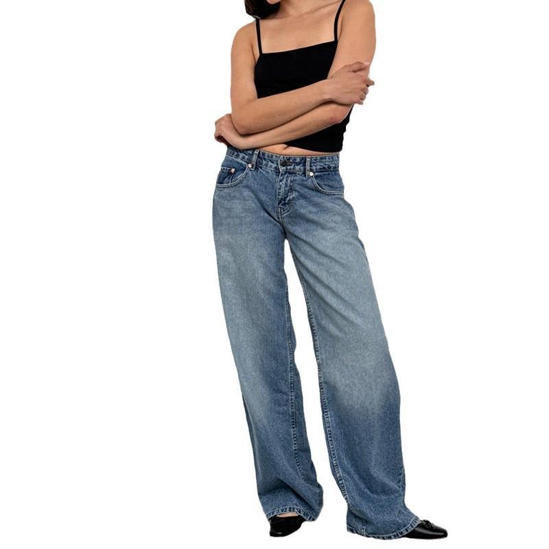 2026 Women's Casual Wide-Leg Non-Stretch Washed Denim Jeans - American Retro Low Waist