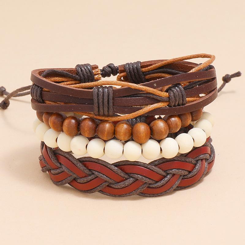 New Vintage Retro Braided Personality Leather Jewelry Simple Fashion 4 Pieces Set Unisex Wrap Geometric Bracelet