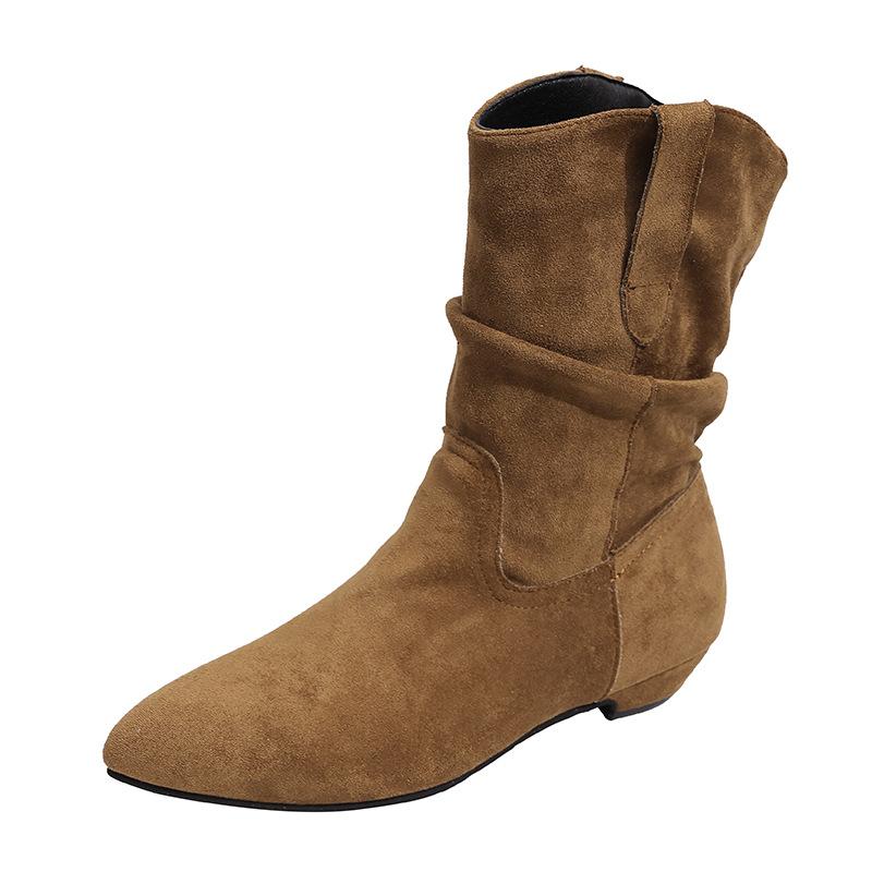 Pointed suede inner height increasing short tube stacking boots fashionable versatile thin boots flat bottom short boots women's pleated knight boots