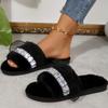 Fashion Rhinestone Detor Cotton Slippers Women Black Faux Fur Plush Slippers for Woman Autumn Winter Light Non Slip Cotton Slides Ladies