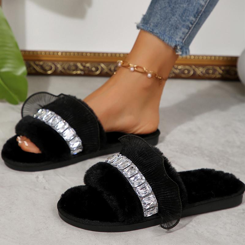 Fashion Rhinestone Detor Cotton Slippers Women Black Faux Fur Plush Slippers for Woman Autumn Winter Light Non Slip Cotton Slides Ladies