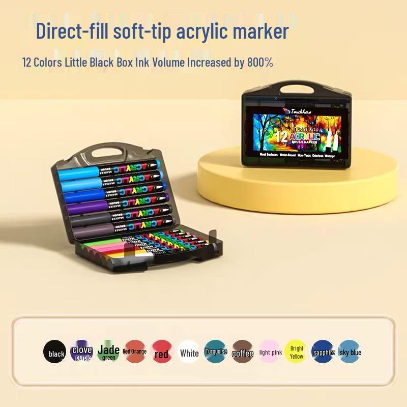 Acrylic Marker Soft Tip & Washable Watercolor Pens - Non-Bleeding & Stackable Brushes