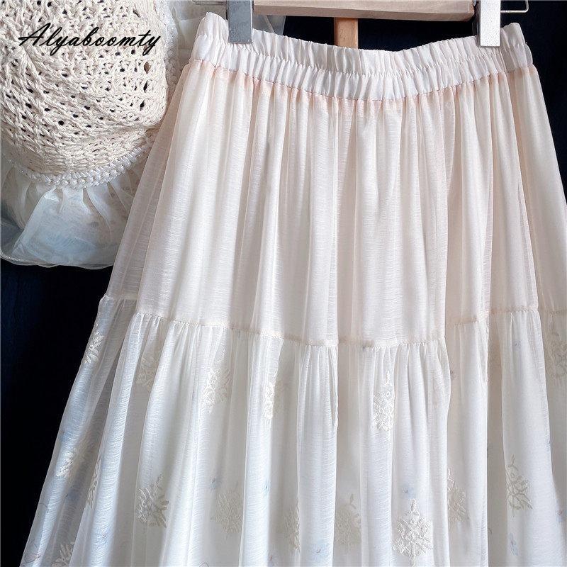 Spring Summer Women Maxi Long Skirt High Waist Delicate Floral Embroidery Classical Skirt Vintage Elegant Hollow Out Ladies' A-Line Skirt