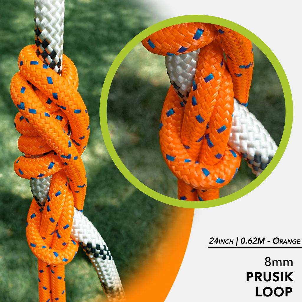 GM CLIMBING Double Blade 8mm Prusik Loop Prusik Cord Climbing Arborist Tree Climbing 62CM Orange Length Adjustable