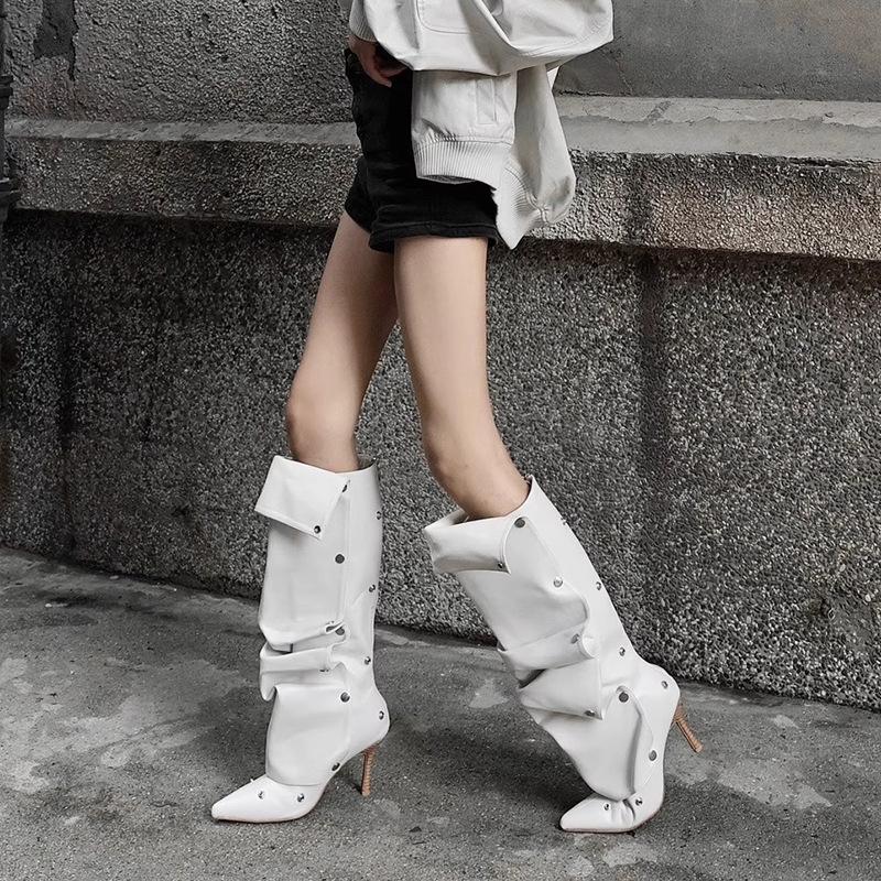 Pointed Stiletto Heel Pile Boots Button Splicing Trouser Tube Boots Spice Girl High Heel Long Tube Fashion Boots Women But Knee Boots Children