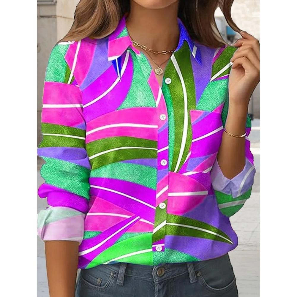 2025 Women's Shirts Geometric Graphics Blouse Spring Autumn Lapel Neck Blouse Tops Office Ladies Long Sleeve Shirt Women Clothes