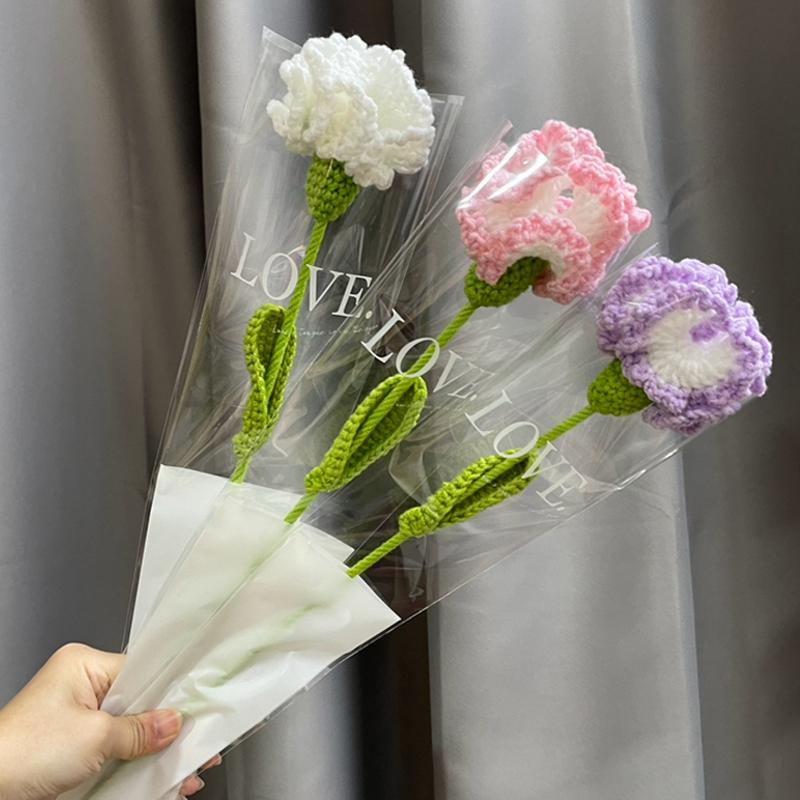 Carnation Crochet Flower Hand Woven Bouquet Artificial Flowers Knitting Flower Rose Teacher's Day Mother's Day Birthday Gift