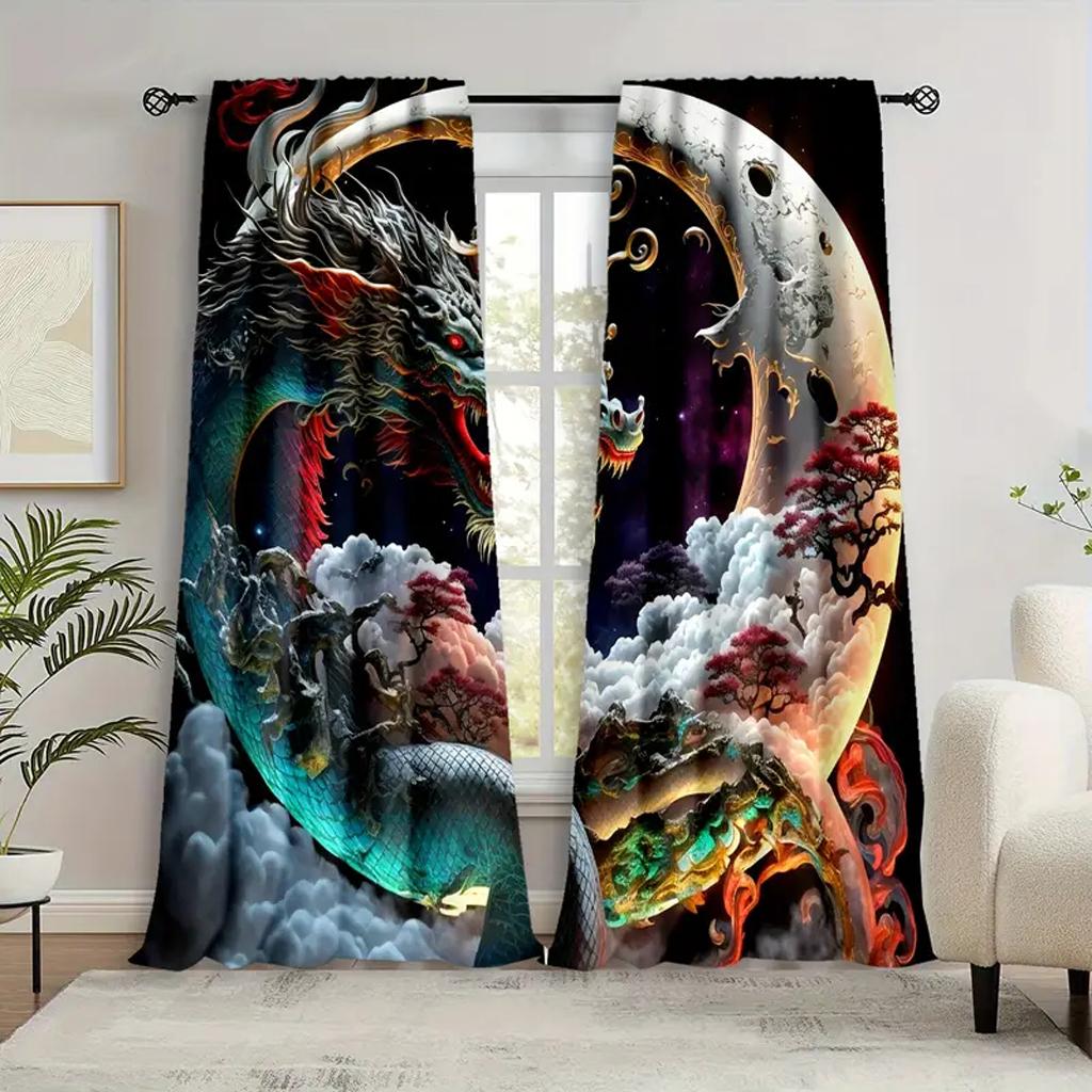 2 PCS Chinese Happy New Year Dragon Pirnt Curtains, 3D Print Window Curtains for Living Room Bedroom Red and Gold Free Shipping