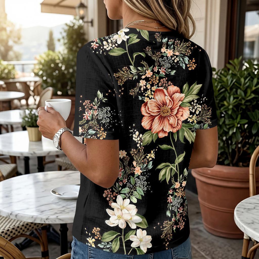 Damen Blumenprint Kurzarm Henley-Hals mit Knöpfen Leinen-Baumwoll-Bluse Lässig Leichtes Sommerhemd