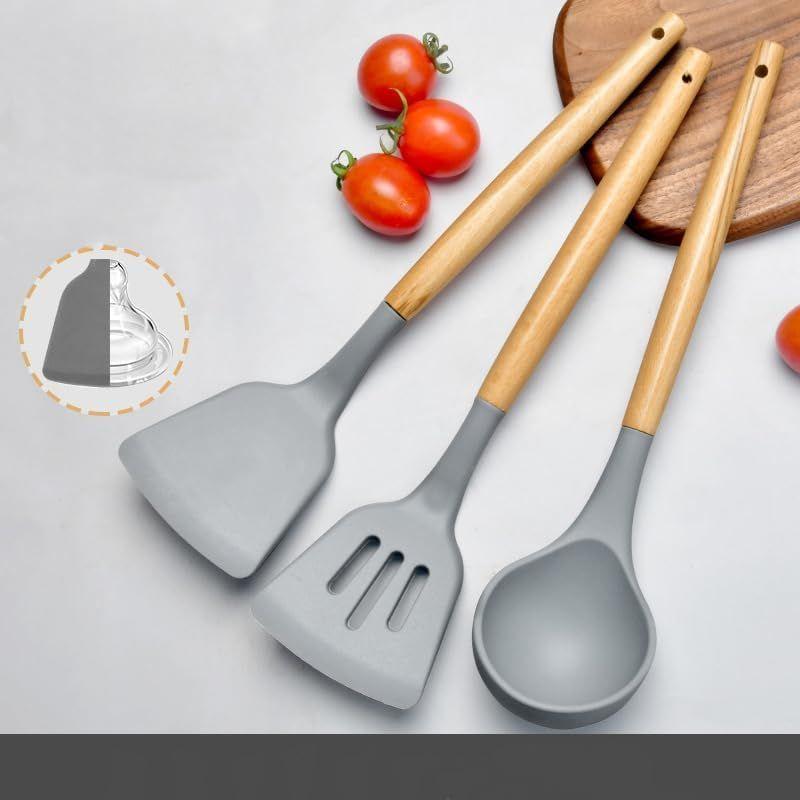 Kitchen Utensils Set, 3 Pcs Non-Stick Silicone Kitchen Cooking Utensils with Wooden Handle, Kitchen Spatula Cookware Utensils Set,