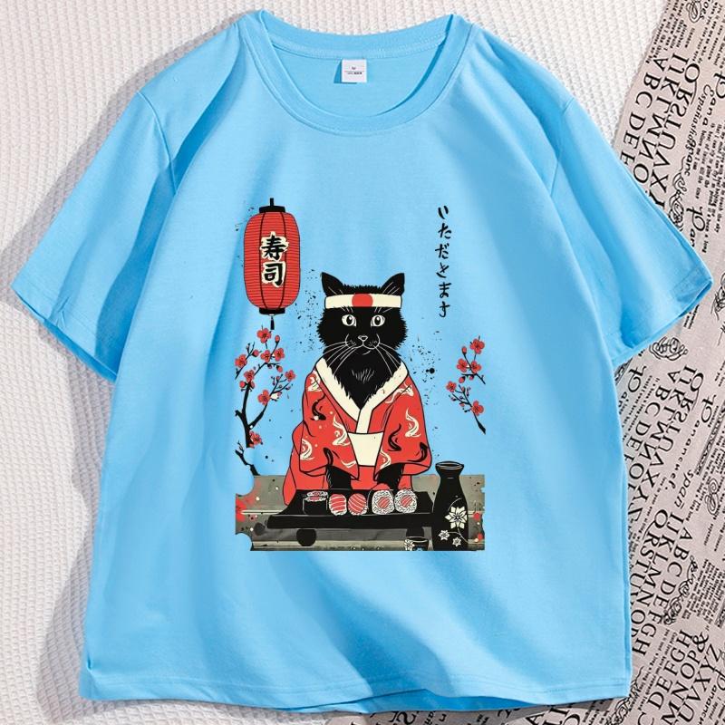 Japanese Sushi Cat Kitten Tshirt Men Women Manga Top Tee Retro Short Sleeve Oneck Cotton Tees Cat Printed Man Clothing Y2k