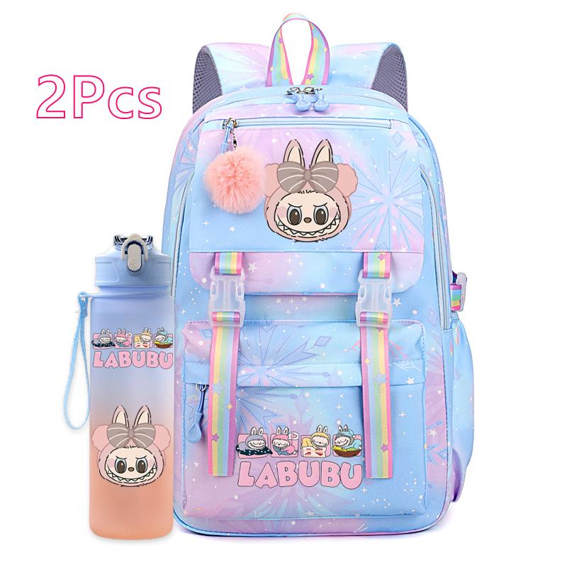 2Pcs/set Cute Printed Backpack with 750Ml Outdoor Sports Water Bottle Student Girl Boy Schoolbag Large Capacity Travel Bag Gift
