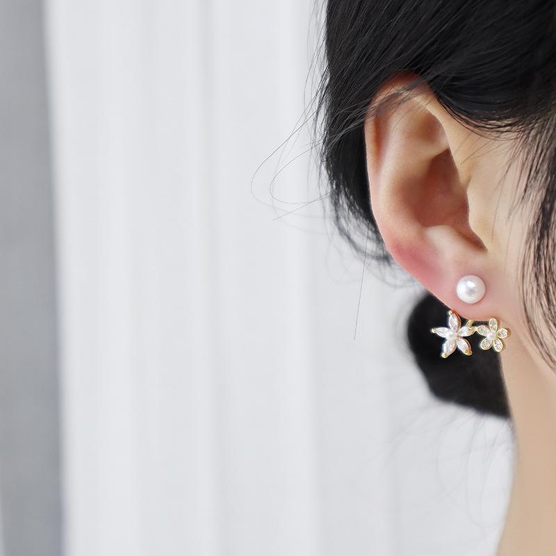 14K Real Gold Plating Korean  Fashion Jewelry Luxury Shiny Double Flower Pearl Earrings Exquisite Women's Daily Accessories