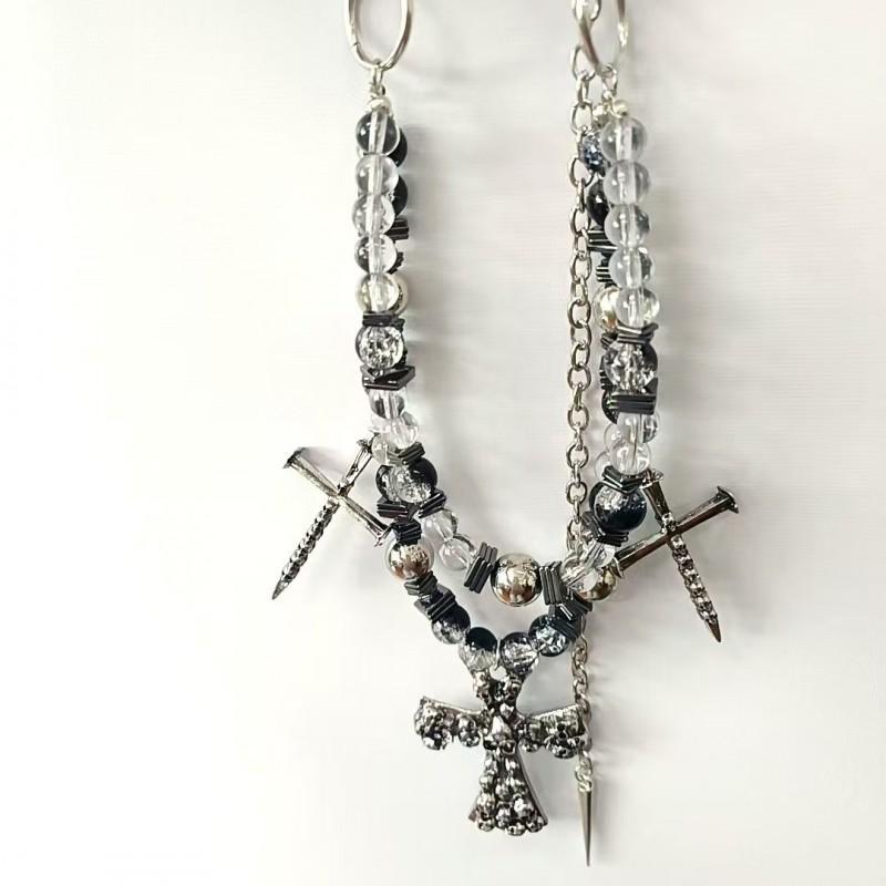 Gothic Punk Skull Cross Pendant Necklace With Rivets Beads Alloy Chain Men Women Dark Style Statement Jewelry