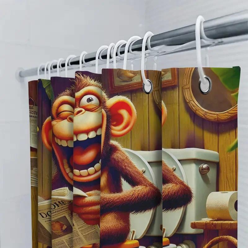 Comical Monkey Reading Toilet Paper Shower Curtain Bathroom Decor 3D Printed Waterproof Home Accessories for Kids' Bathrooms